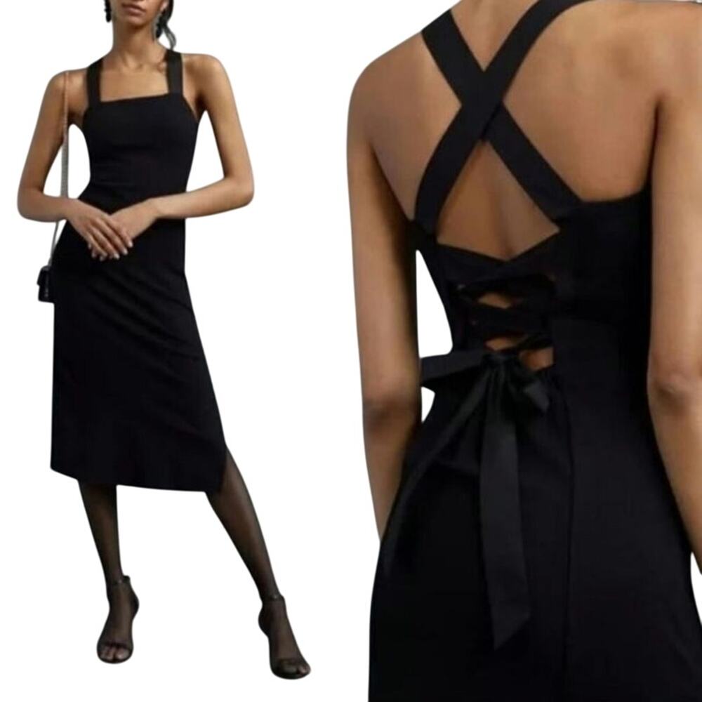 NWT Anthropologie Porridge Black Seamed Cross Back Midi Dress